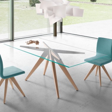 mesa de cristal con patas de madera