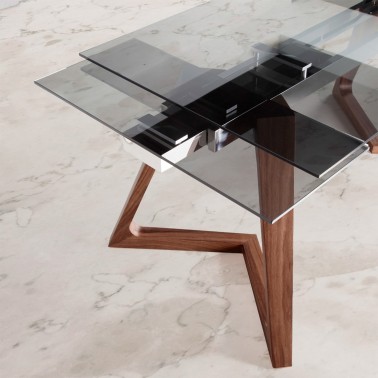 MESA DE COMEDOR EXTENSIBLE DE CRISTAL Y MADERA NIL
