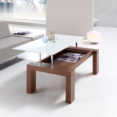 Mesa elevable de centro con tapa de cristal