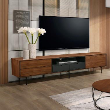 Mueble de tv de madera de estilo nordico 200x40 cm, patas metalicas negras