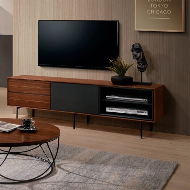 Mueble de Tv de estilo nordico en madera de nogal con patas metalicas