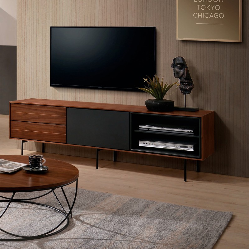 Mueble de Tv de estilo nordico en madera de nogal con patas metalicas