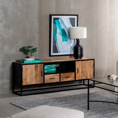 Mueble de TV 150 cm en madera de mango y patas metalicas negras