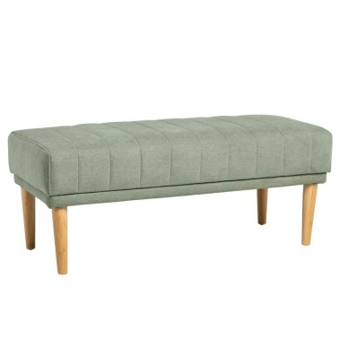 Banqueta de dormitorio tapizada en color menta con patas de madera