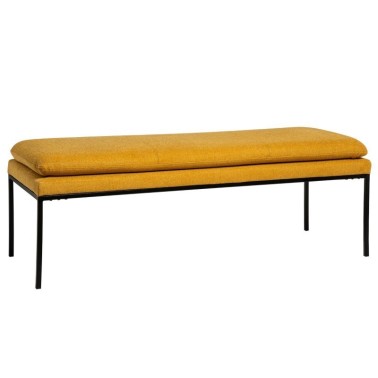 Banqueta para dormitorio en tapizado tela mostaza y patas metalicas negras