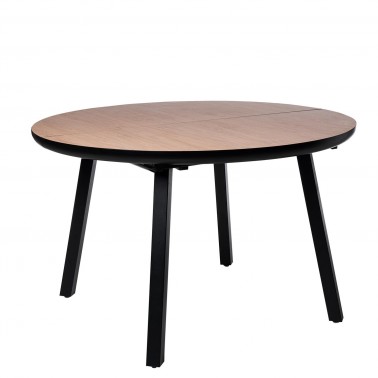 Mesa de comedor redonda extensible melamina efecto roble y patas metalicas negras