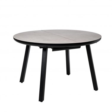 Mesa redonda de comedor extensible con tapa en melamina efecto marmol gris y patas metalicas negras