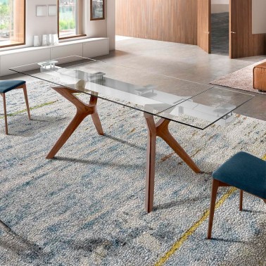 Mesa Lin de Nacher cristal extensible con patas de madera