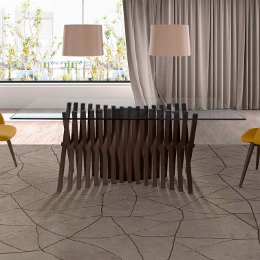 Mesa de comedor de cristal con patas centrales de madera