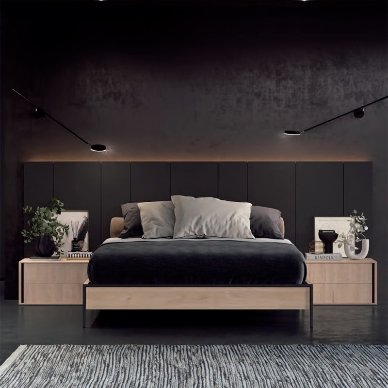 Dormitorio moderno de matrimonio con cama 150 cm y 2 mesillas de noche Lutton I