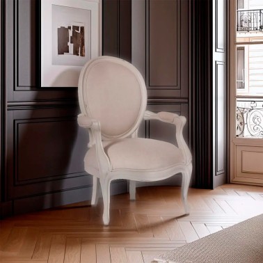 Sillon clasico Philippe en tapizado beige y madera blanco roto