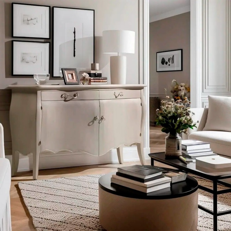 Aparador clasicon blanco roto con 2 puertas y 2 cajones