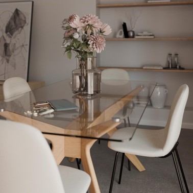 Mesa de comedor de cristal y roble Della