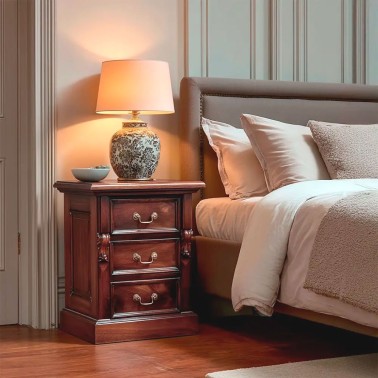 Mesita de noche clasica victoriana con 3 cajones