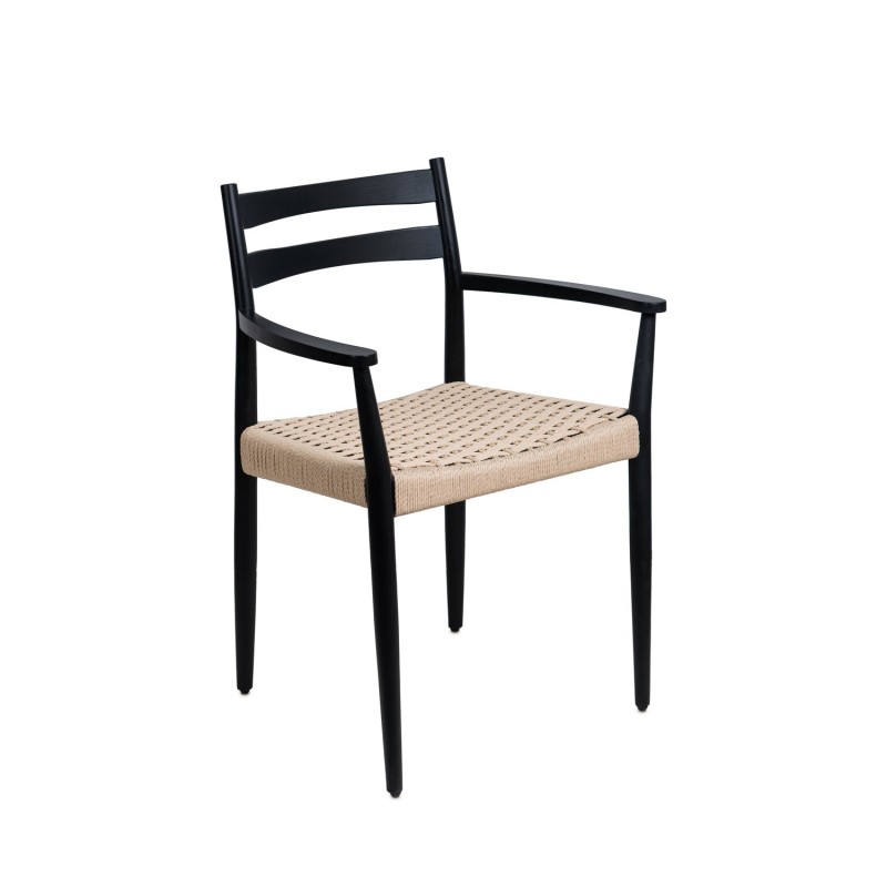 Silla de madera con brazos roble negro y cuerda natural EDNA