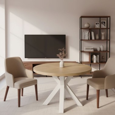 Mesa comedor redonda madera roble y pata metal blanco Beverly