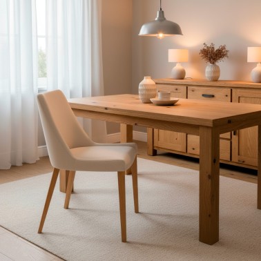 silla de comedor tapizada en color beige con patas de madera de haya color roble