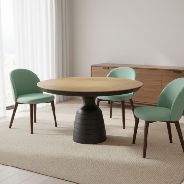 Mesa de comedor redonda con pie central circular en madera BUD