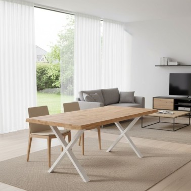 Mesa comedor tapa madera roble y patas metalicas blancas CORINE