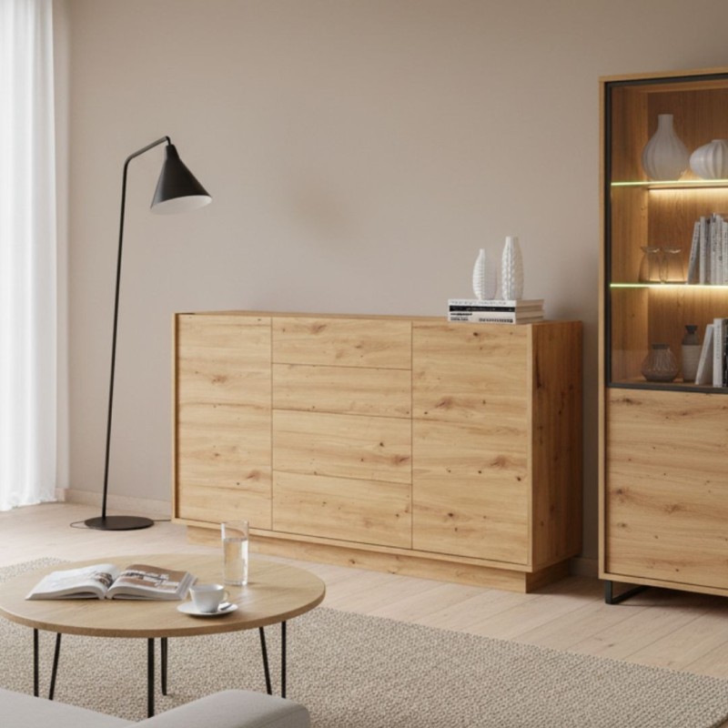 Aparador estilo nordico con 2 puertas y 4 cajones 150x45x86,4 UDO Aparador estilo nordico con 2 puertas y 4 cajones 150x45x86,4 UDO