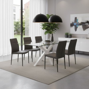 Mesa comedor de cristal y metal blanco DEMI