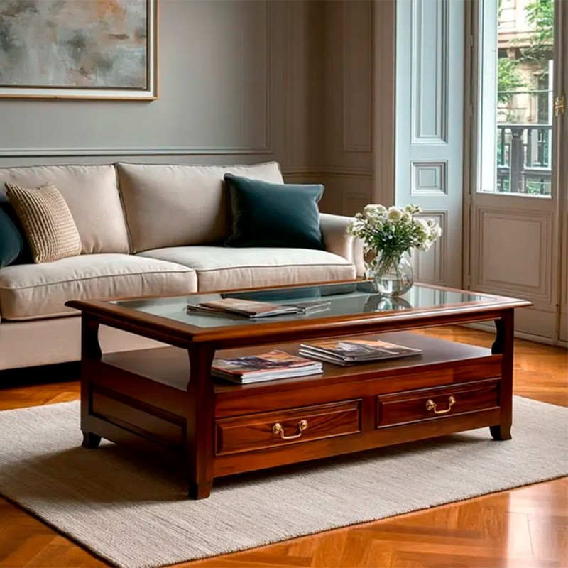 mesa de comedor clasica con cristal y 2 cajones