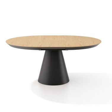 Mesa redonda extensible pie central conico madera tapa biselada JACK