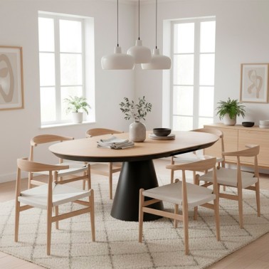 Mesa redonda comedor pie central conico madera tapa biselada JACK