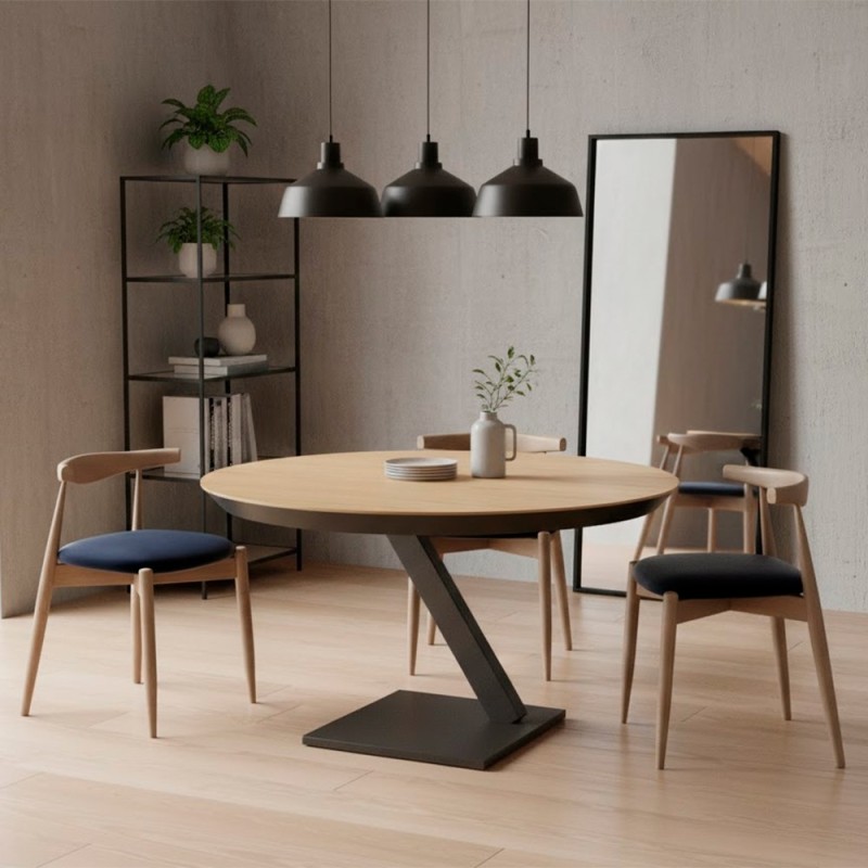 Mesa comedor redonda madera tapa biselada con pie central metalico ERICO