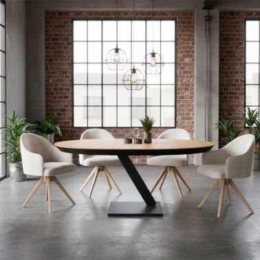 Mesa redonda extensible tapa biselada madera y pie central metalico Navazo