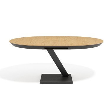 Mesa redonda extensible tapa biselada madera y pie central metalico Navazo