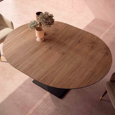 Mesa redonda extensible tapa biselada madera y pie central metalico Navazo