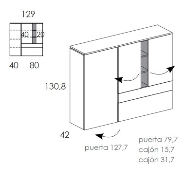 Aparador alto con 3 puertas, 2 cajones y estantes Muss 05