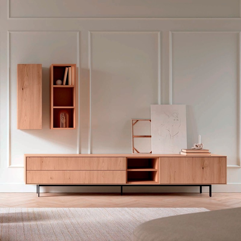 CONJUNTO DE SALON CON MUEBLE DE TV Y ESTANTES DE PARED NATUR