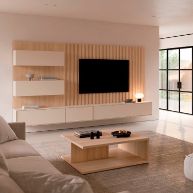 Composicion para salon con meube de Tv colgado y panel trasero Natur 02