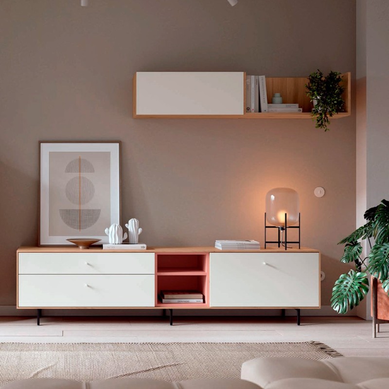 Composicion para salon con mueble de Tv y modulos horizontales colgados Natur 04