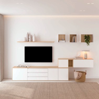 Composicion de salon con mueble de Tv a 2 alturas y estantes ongados Natur 06