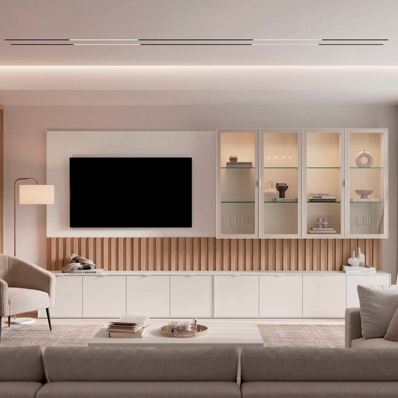 Composicion para salon con mueble tv, panel y vitrina Natur 07