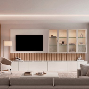 Composicion para salon con mueble tv, panel y vitrina Natur 07