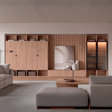 Libreria a medida con pane trasero, puertas de madera y vtrina luz led