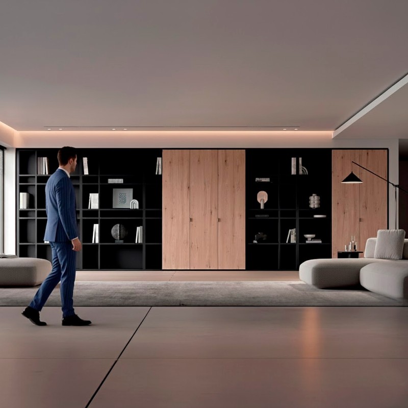 Libreria a medida con hueco y puertas de madera