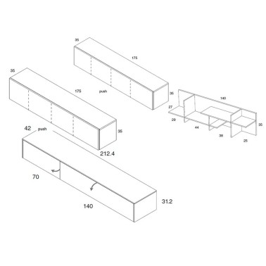 Composicion mueble Tv modular 2 alturas Med 34 con modulo alto Theo