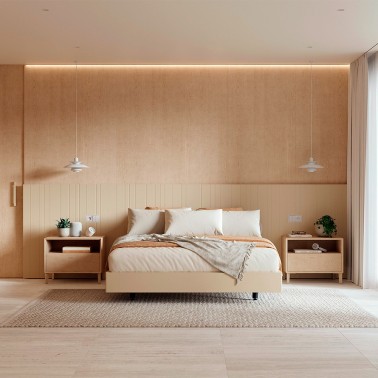 Composición de dormitorio moderna con cabecero corrido