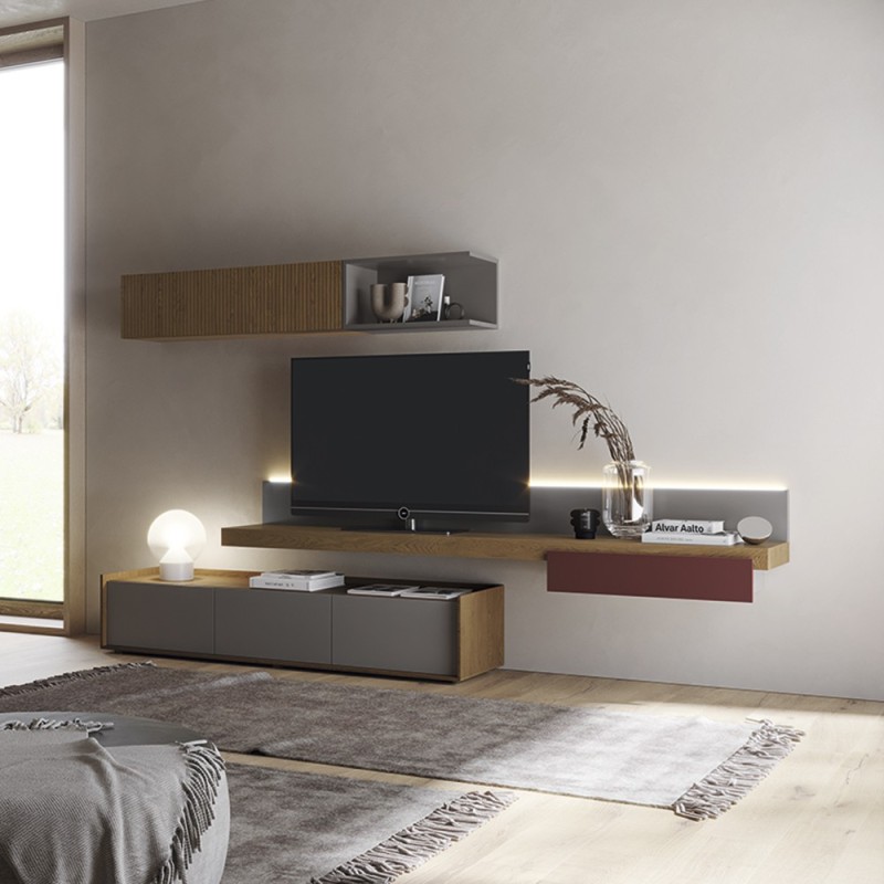 Composición para salón con bancada suspendida con luz led, módulo bajo con tres cajones contenedor y un módulo alto con puerta.