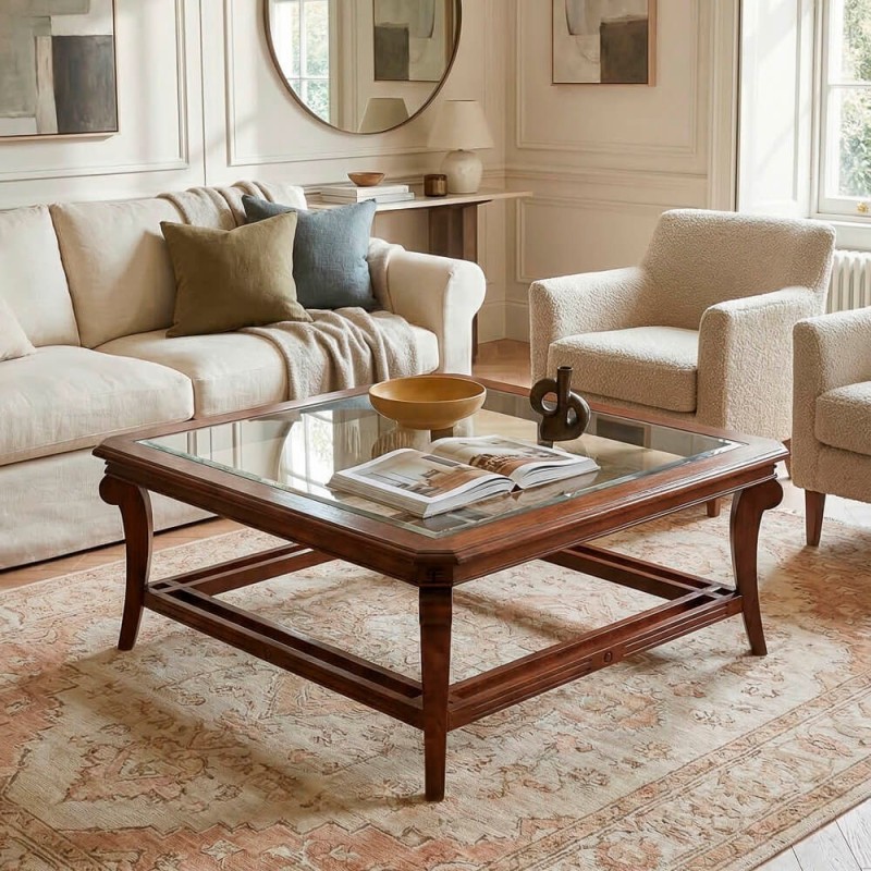 Mesa de centro clasica 110x110 tapa de cristal Leo