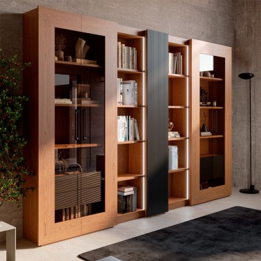 LIBRERIA PRAGA CON 2 VITRINAS LATERALES, ESTANTES Y PUERTA DE MADERA
